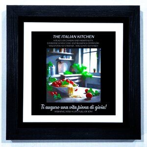 WALL ART -- THE ITALIAN KITCHEN. 8X8 INCHES. A RAISED TILE IN A BLACK FRAME.
